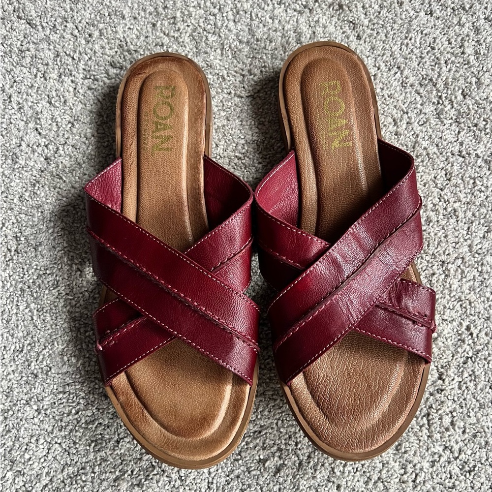 ROAN Women's Burgundy Leather Crisscross Slide Sandals